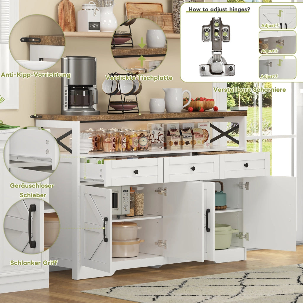Credenza buffet 140 cm con 3 cassetti e 2 ante; mobile contenitore rustico in MDF; bianco e marrone
