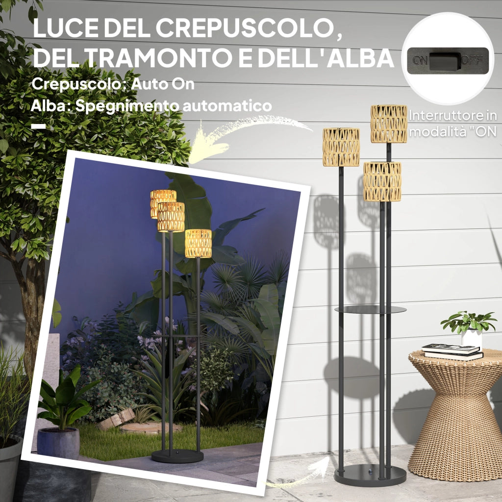 Lampada Solare da Esterno in stile Boho Ø37x144 cm con Ripiano Centrale in Rattan PE e Acciaio Nero e Giallo