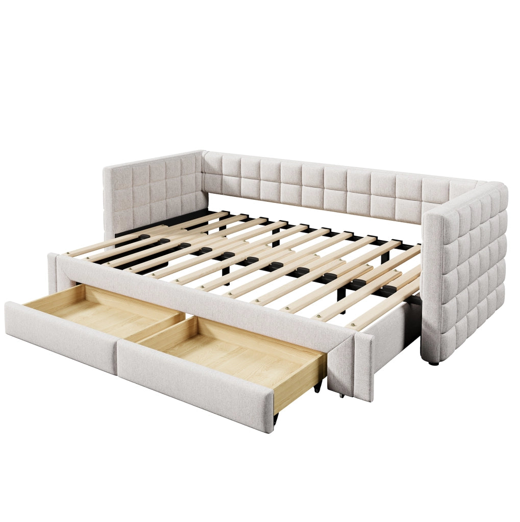 Daybed trasformabile in velluto beige con 2 cassetti 90x200 cm