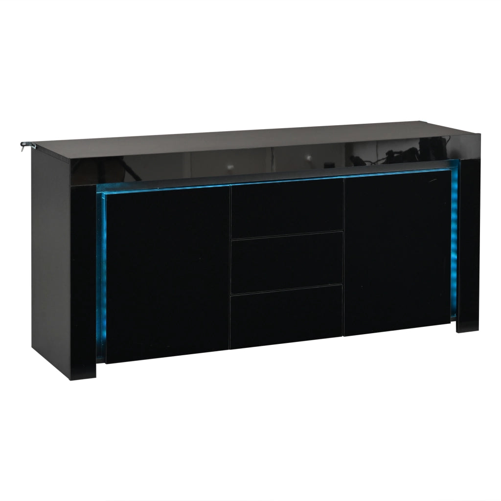 Sideboard moderno nero 140 x 40 x 65 cm con 2 ante, 3 cassetti, LED e finitura lucida
