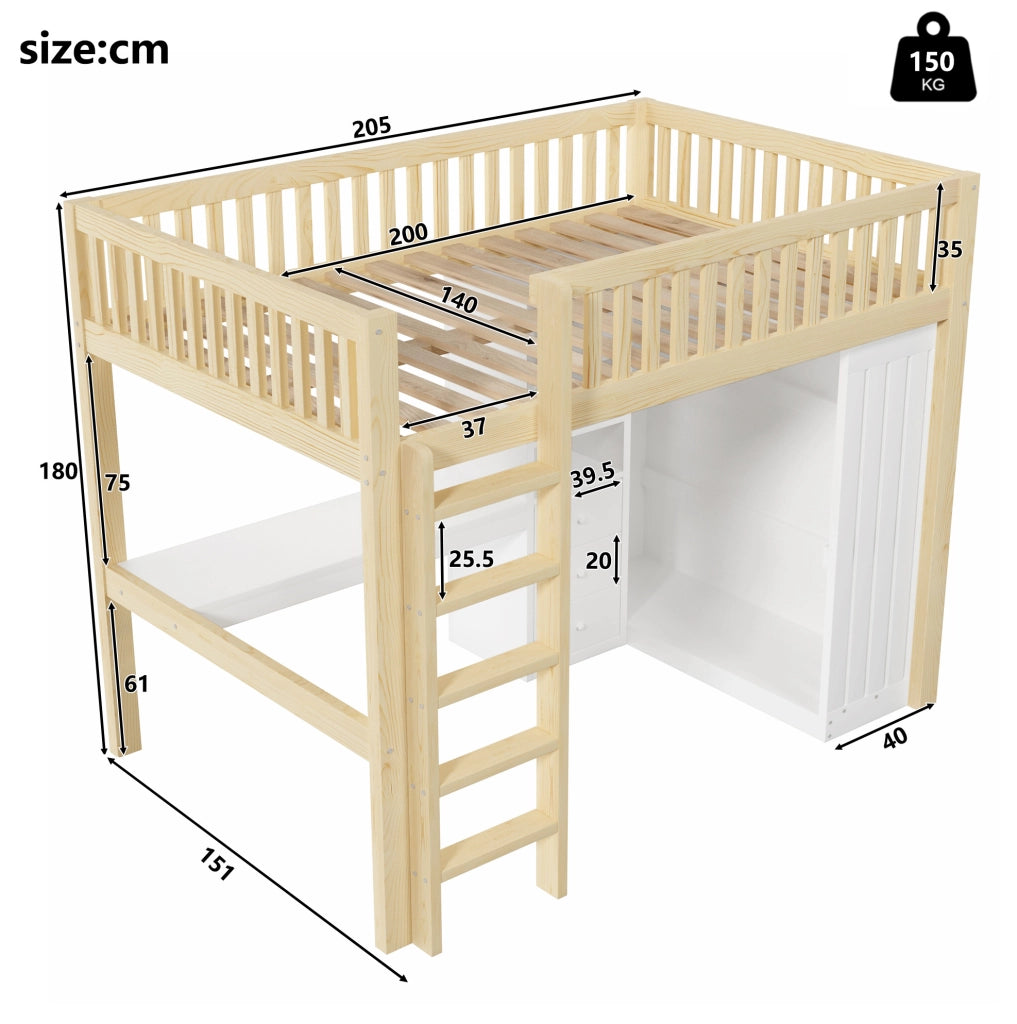 Letto a soppalco 140x200 cm con scrivania, armadio e 3 cassetti