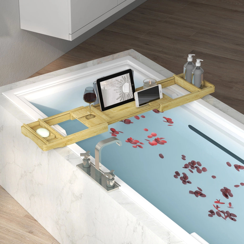 Ripiano per vasca da bagno in bamb¨´ estensibile con porta bicchiere e porta sapone ¨C zephmum ¨C 75-109x23x4.5cm