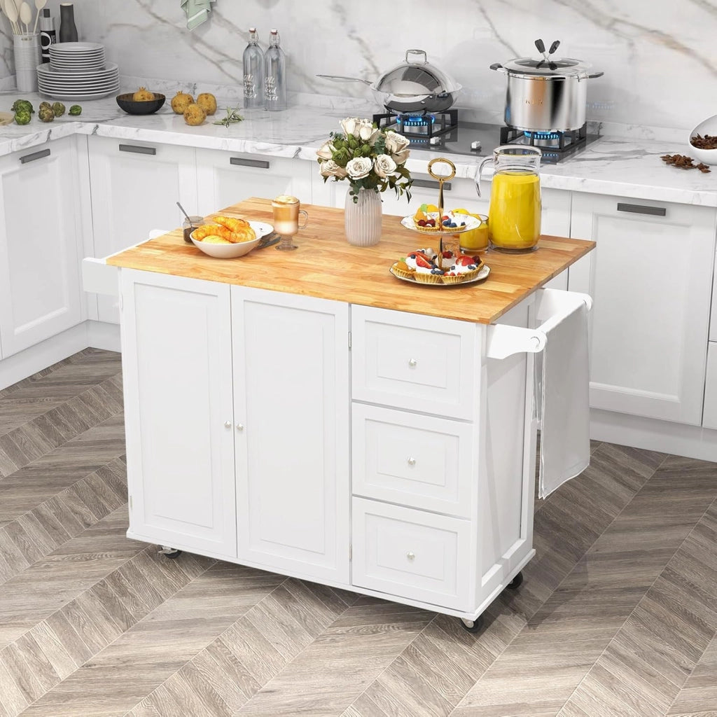 Carrello da cucina pieghevole, carrello di servizio, credenza da cucina, mobile da cucina in legno, ruote con 2 freni, piano pieghevole e 2 ripiani regolabili, 136 x 76 x 91 cm (bianco)