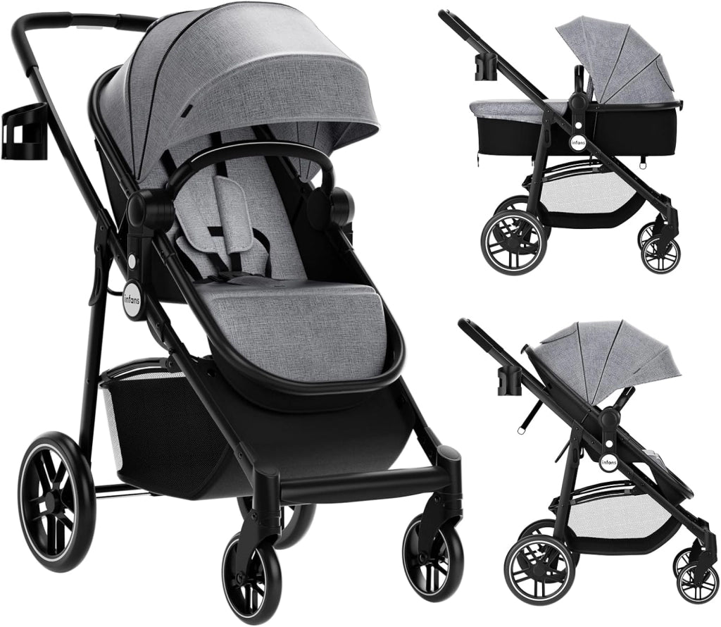 2 in 1 Passeggino per Bambini, Passeggino Pieghevole con Sedile Reversibile, Schienale Regolabile, Passeggino Leggero con Cintura di Sicurezza, Copertura, per Bambini 0-3 Anni (Grigio)