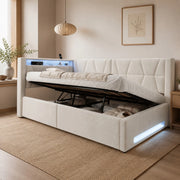 Letto imbottito singolo 90 × 200 cm con contenitore LED USB e Type-C in metallo rivestito in velluto beige