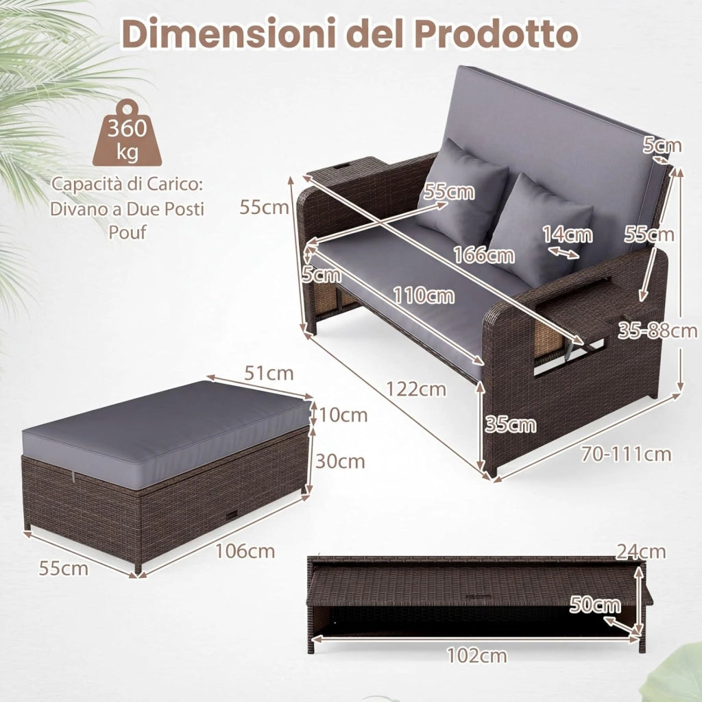 Lettino Prendisole in Rattan, Set 2 Pezzi con Divanetto & Pouf Contenitore, Schienale Regolabile a 4 Livelli e Tavolini Laterali Pieghevoli, Sdraio Doppia per Giardino e Piscina (Grigio)