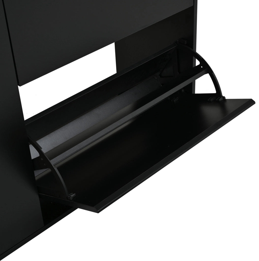 Scarpiera slim con 1 anta; 1 cassetto e 2 vani ribaltabili; 100x35x105 cm; nero e legno
