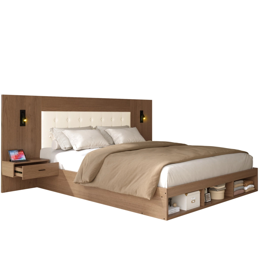 Letto matrimoniale 180x200 cm con contenitore; USB e Type-C; luci di lettura; effetto noce