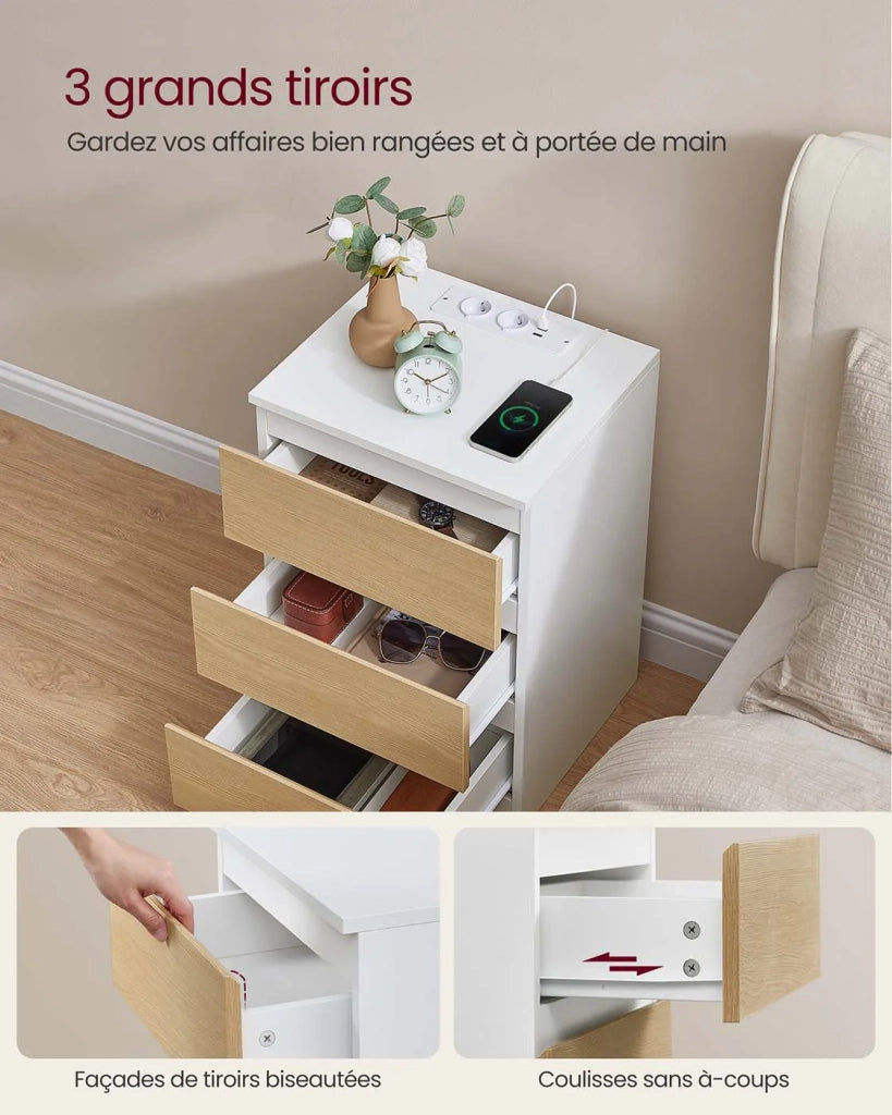 Comodino con multipresa tavolino con 3 cassetti 2 prese CA 2 porte USB frontali dei cassetti smussati per soggiorno camera da letto ufficio beige moderno 12_0007615