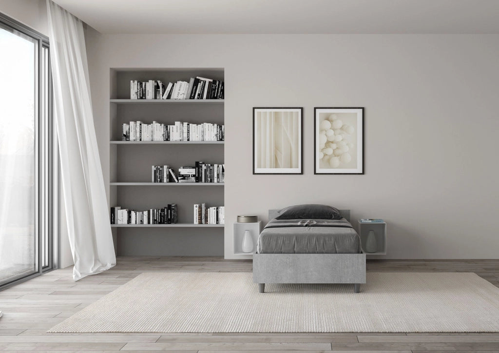 Letto Singolo 80x190 cm con Rete e Contenitore Nuamo Cemento
