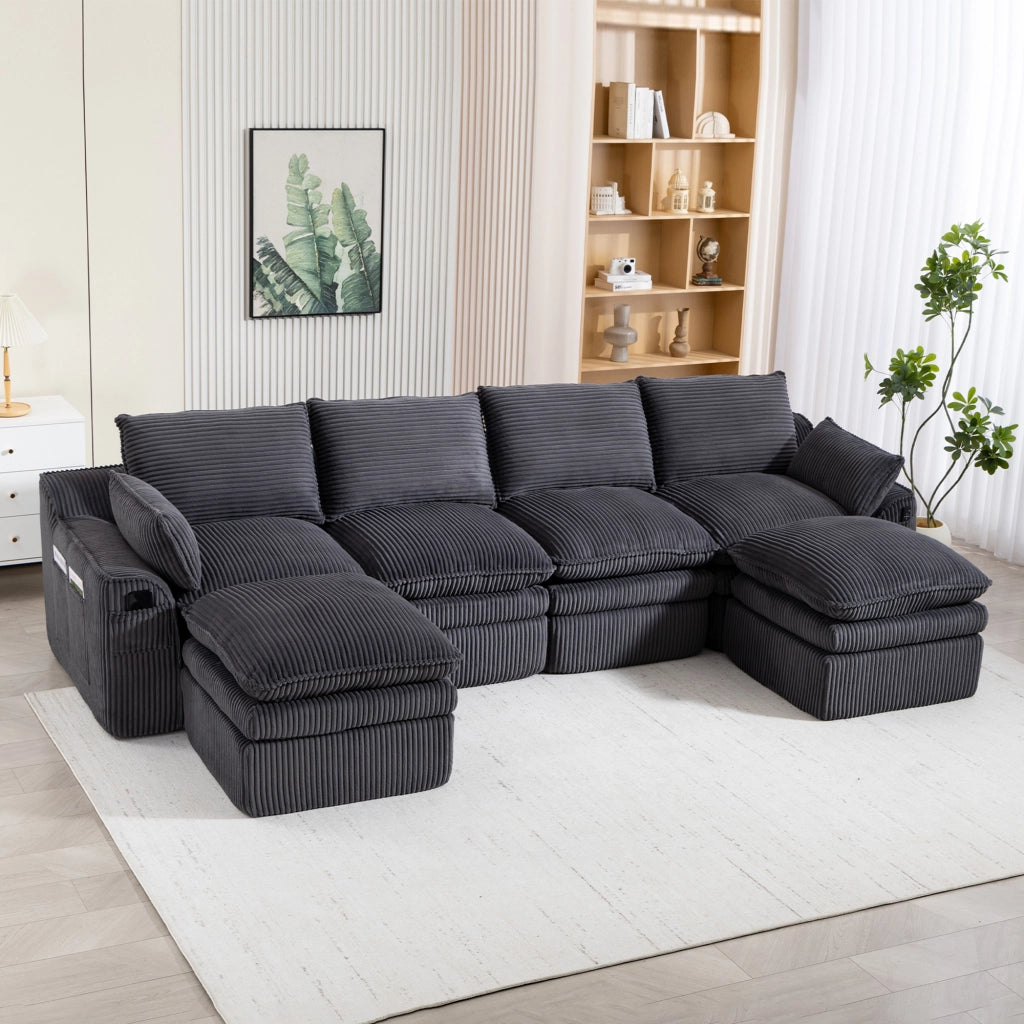 DIVANO modulare 4 posti 335x167x85 cm in corduroy grigio scuro con 2 pouf