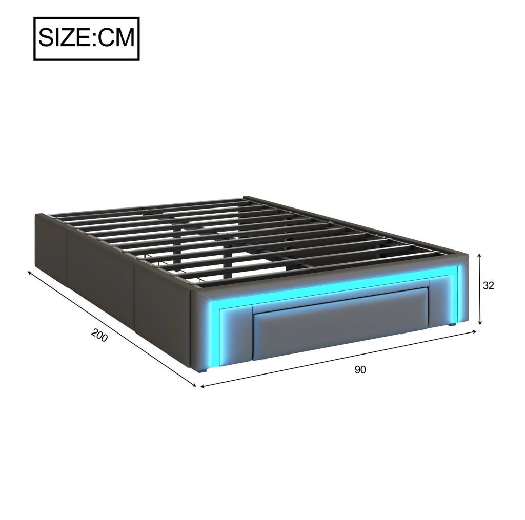 Letto 90x200 cm grigio in PU con cassetti, rete in metallo e LED RGB