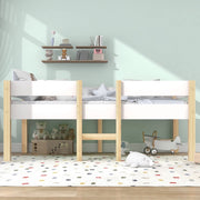 Letto per bambini bianco e rovere con protezione anticasco in legno massello di pino 90x200 cm