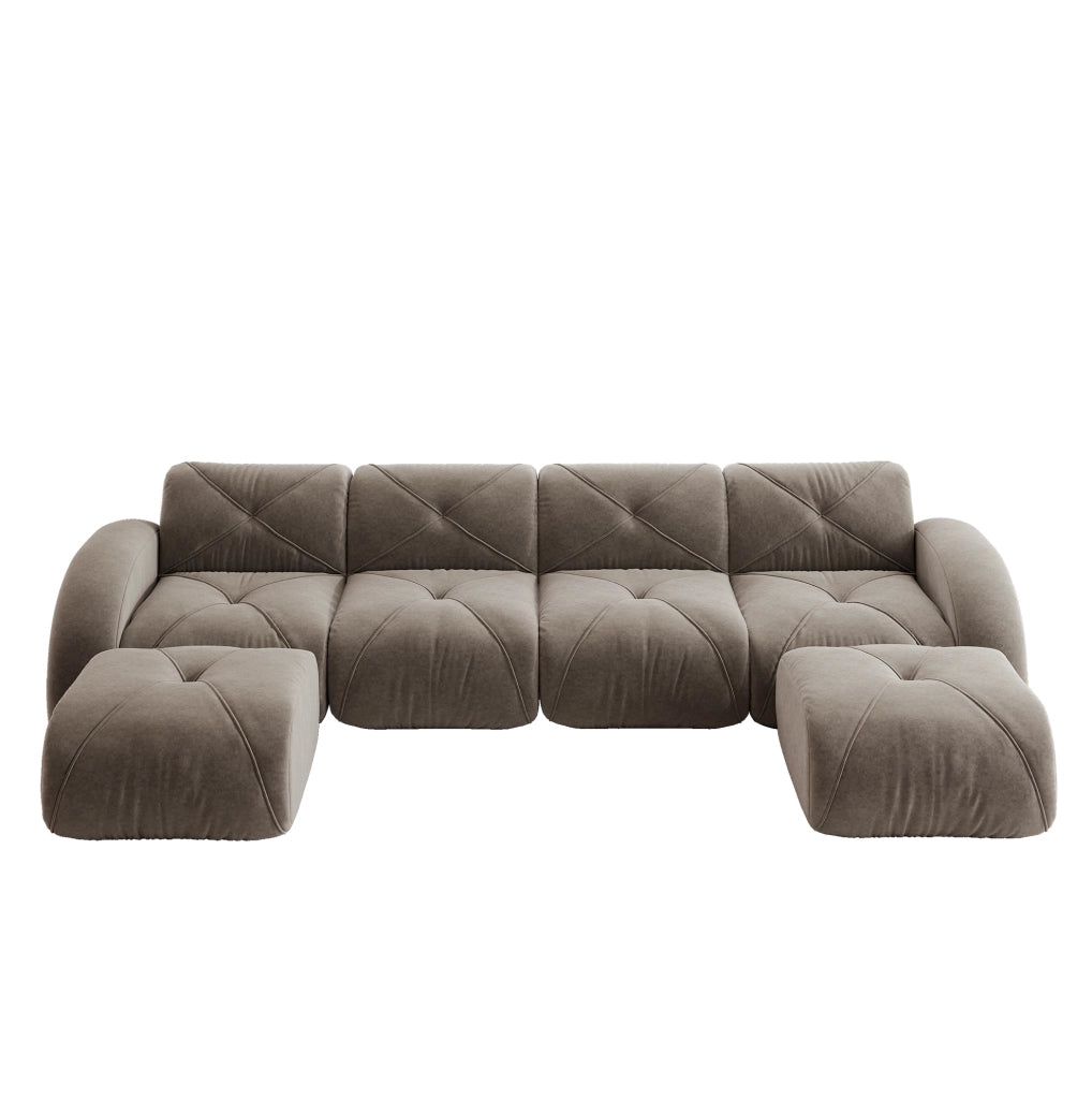 Divano modulare a U 4 posti in ciniglia taupe con 2 pouf HOMVRA