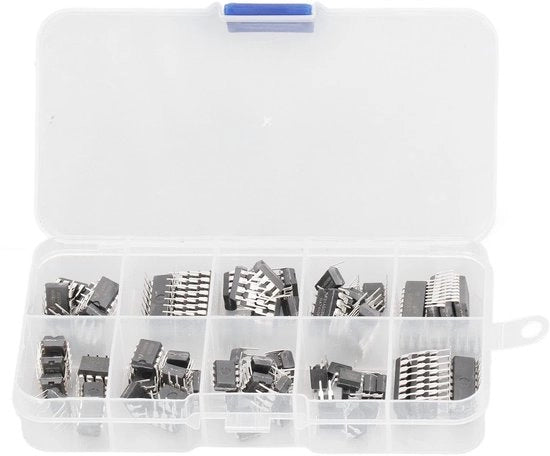 Kit di Assortimento di Chip di Circuiti Integrati - 85 pezzi 

 Contenuto:
- NE555
- LM324
- LM393
- UA741
- ULN2803
- LM358
- LM386
- NE5532
- ULN2003
- PC817