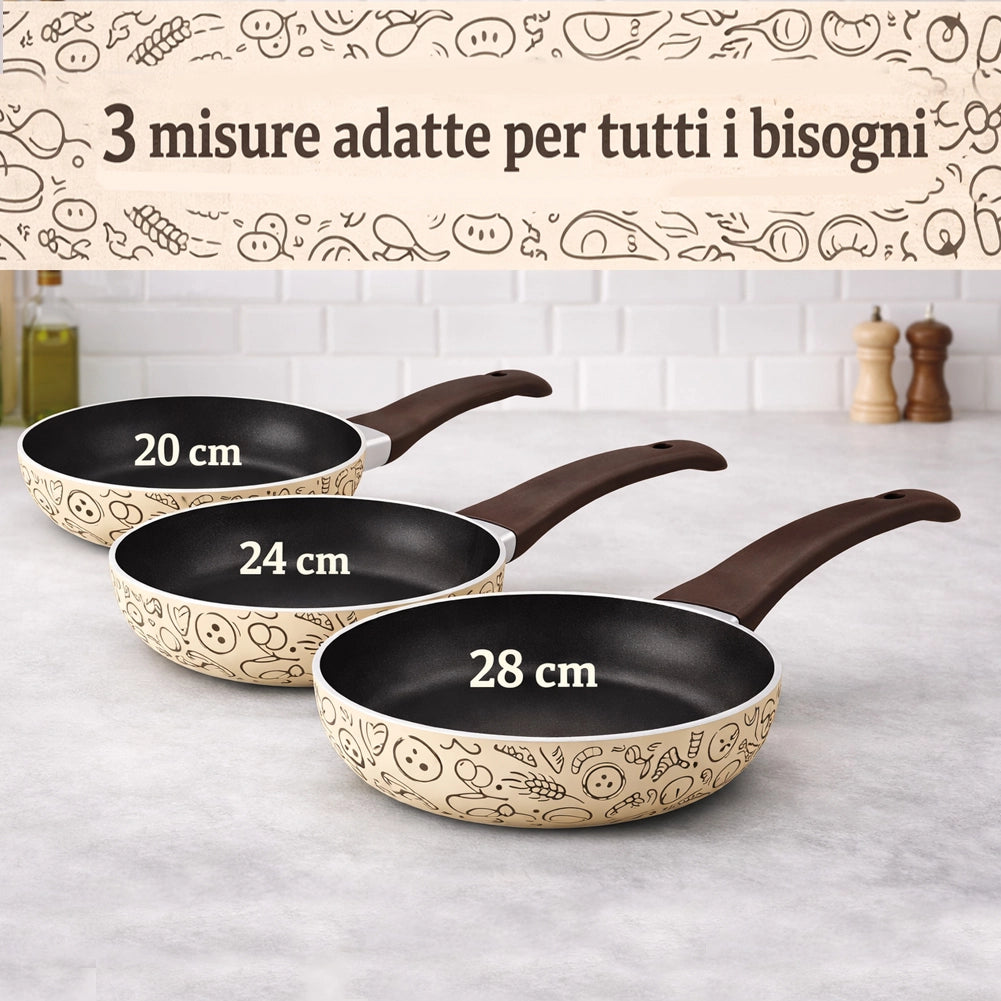 Set 3 Padelle Pastella 20-24-28 cm Antiaderente Manico Soft Touch Made in Italy Beige