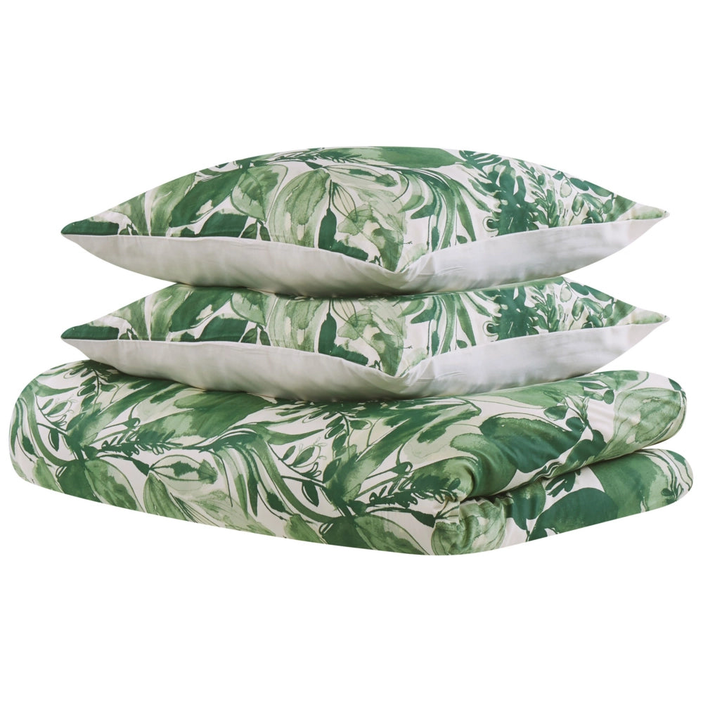 Set copripiumino e federa in misto cotone verde e bianco 155 x 220 cm con stampa a foglie moderna Boho camera da letto