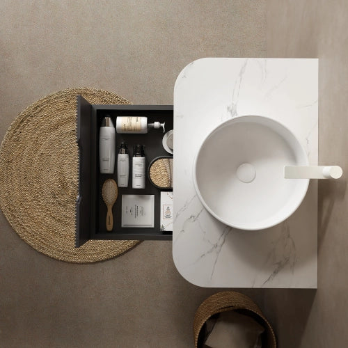 Lavabo tondo in ceramica, diametro 36 cm, bianco. Senza rubinetto e senza mobiletto.