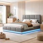 Letto matrimoniale 180x200 cm in pelle PU color cemento; con LED; contenitore e rete a doghe