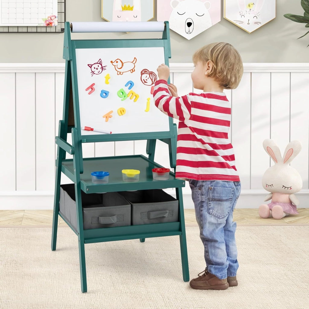 3 in 1 Cavalletto per Bambini, Cavalletto con Doppia Faccia Magnetica e Lavagna Bianca, Rotolo di Carta, 3 Bicchieri per Vernice e 2 Ceste in Tessuto, per Bambini 3-6 Anni (Verde)