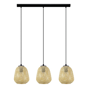Lampadario A Sospensione Vintage Dembleby Acciaio Nero Legno 3 Luci E27