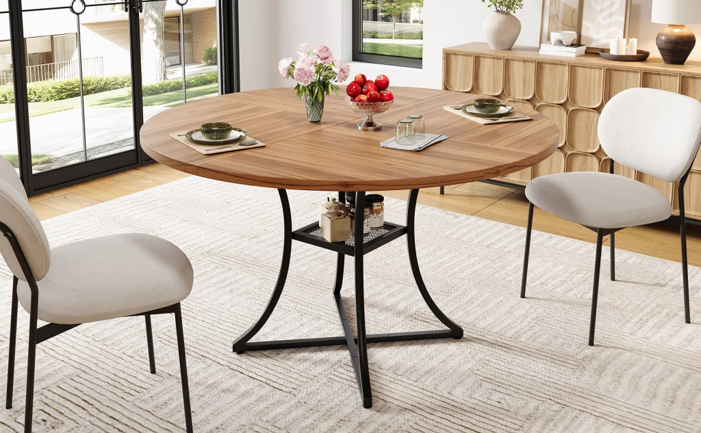 Tavolo da pranzo rotondo per 4-6 persone con ripiano aperto, in MDF effetto noce e metallo nero, 100 × 100 × 75 cm