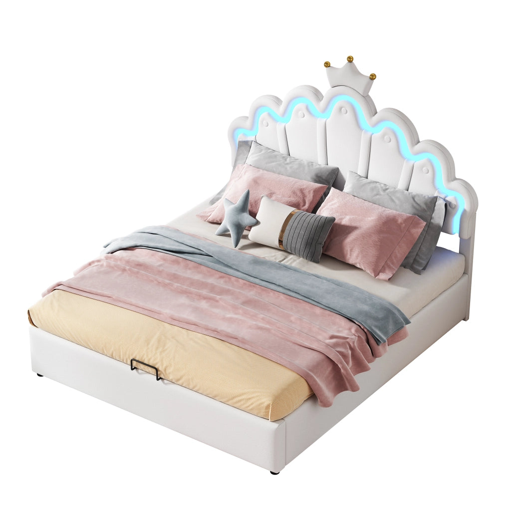 OKWISH Letto Contenitore 140×200 cm, Letto Matrimoniale con LED Regolabile e Testiera a Corona, senza Materasso, in PU, Bianco