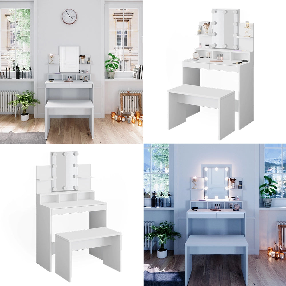 Vicco Tavolo da toeletta Bianco 80 cm con illuminazione a LED e panca