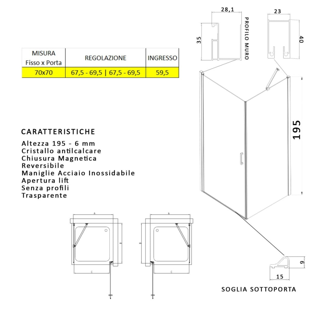 Box doccia angolare con porta battente e lato fisso h195cm 6mm salema, misura 70x70