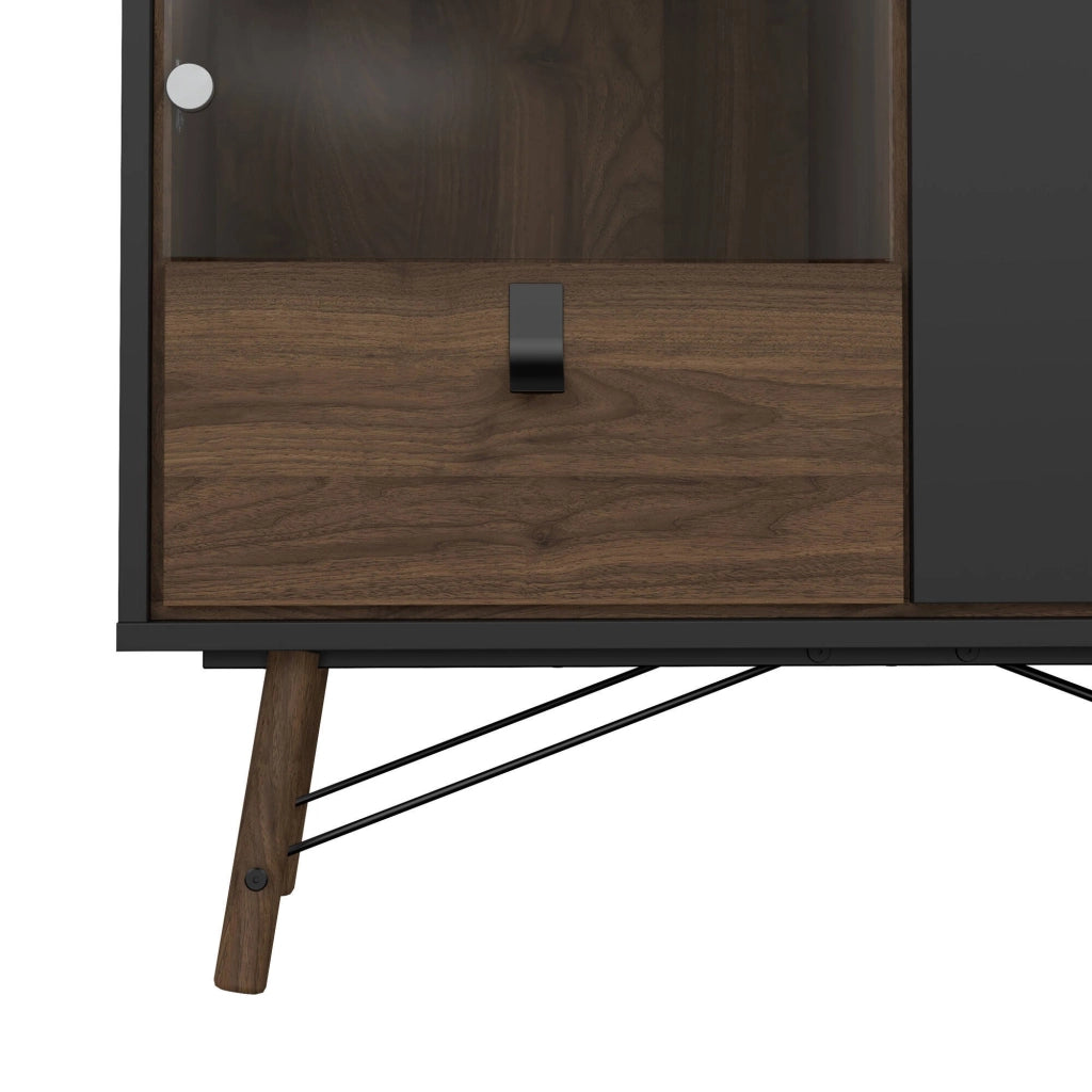 Vetrina Mora, Credenza espositiva, Vetrinetta multiuso, Madia da soggiorno, 102x40 h162 cm, Nero e Noce