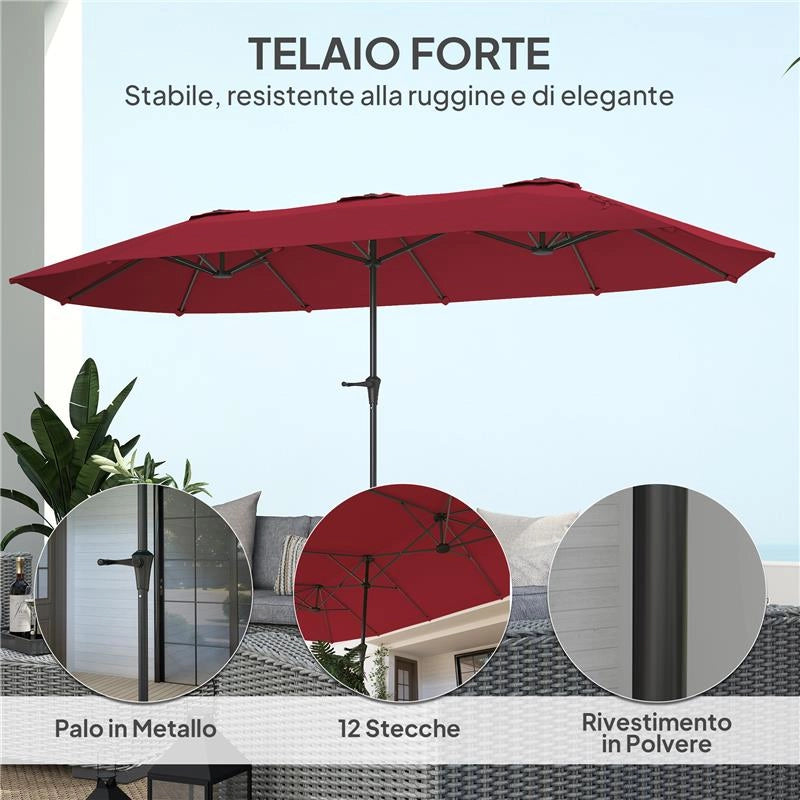 OMBRELLONE DOPPIO CON PRESE D'ARIA E MANOVELLA IN METALLO E POLIESTERE 4X2.2X2.34 M NERO E ROSSO