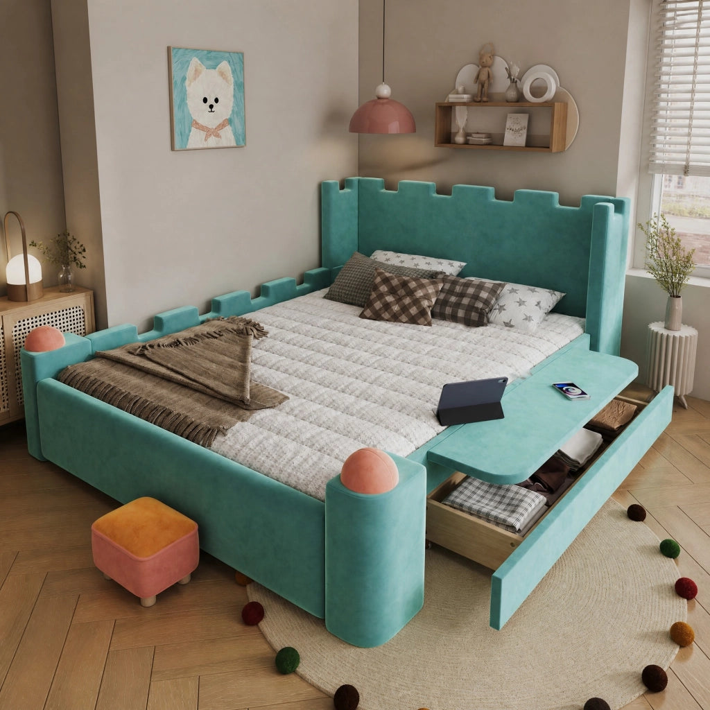 Letto imbottito per bambini con design a castello e contenitore laterale