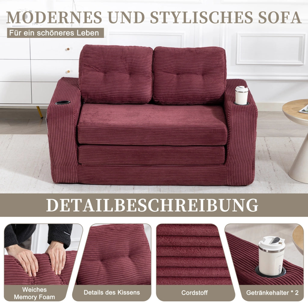 Divano modulare a 2 posti in velluto a coste con portabicchieri e tasche laterali; per soggiorno; 136 × 80 × 82.5 cm