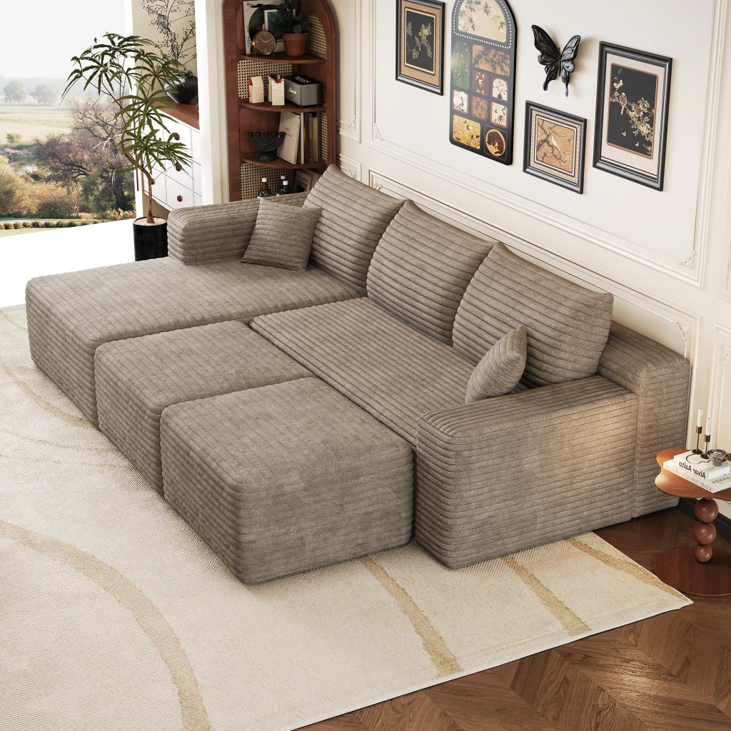 Divano angolare in tessuto con schiuma ad alta elasticità e montaggio facile design a linee fluide camel