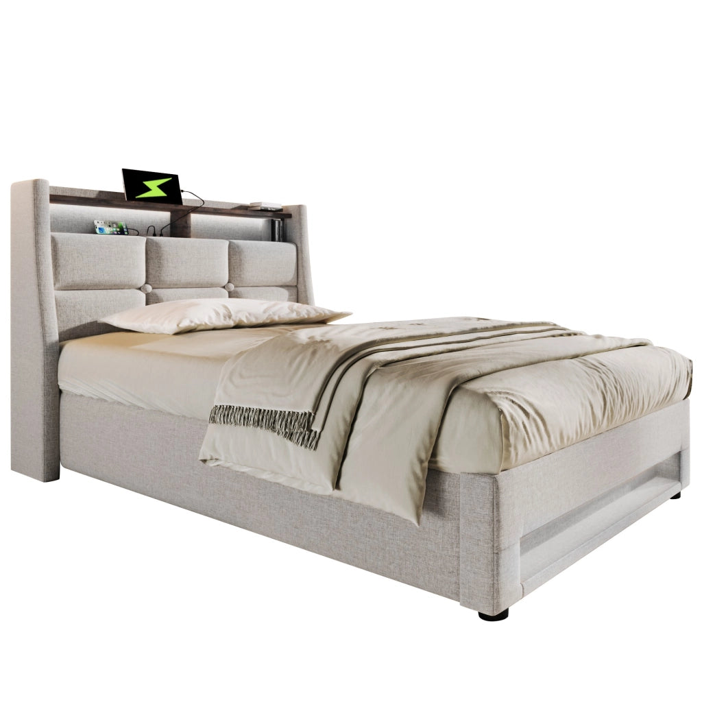 Letto imbottito 90x200 cm con LED e porta USB, struttura contenitore in lino, effetto vintage, senza materasso