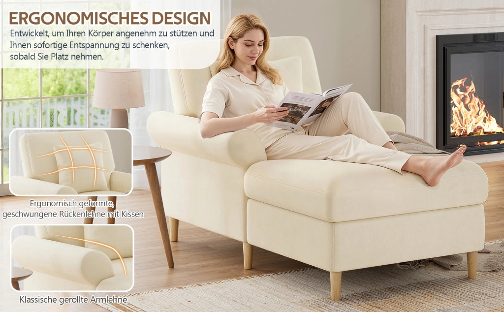 Poltrona Relax in Velluto Beige 133x87x90 cm con Cuscino Rimovibile e Struttura Robusta