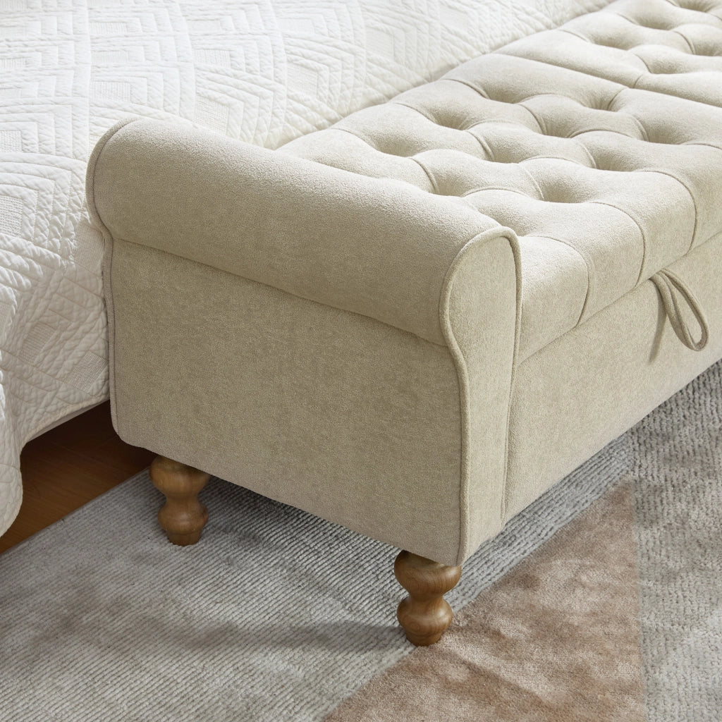 Panca da letto, panca per cambiarsi le scarpe, con vano portaoggetti, rivestimento in similpelle scamosciata, con braccioli, gambe in legno di gomma, color grigio-beige
