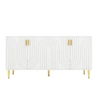 Credenza cucina design unico a onde con 4 ante e 2 cassetti, maniglie e piedi dorati, in MDF, 152×40×75 cm, Bianco