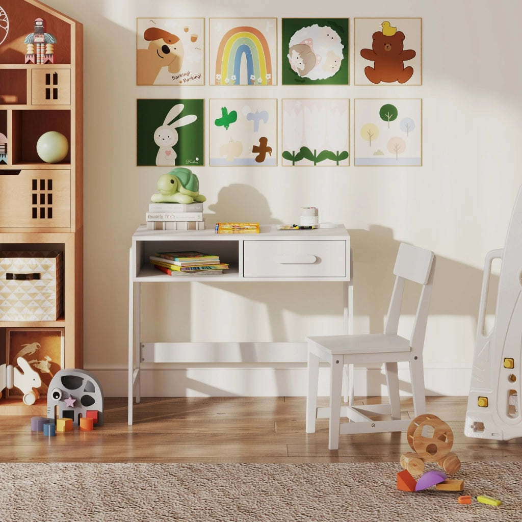 Set scrivania e sedia con cassetto e scomparto, Set di tavoli da studio in legno per bambini Bianco