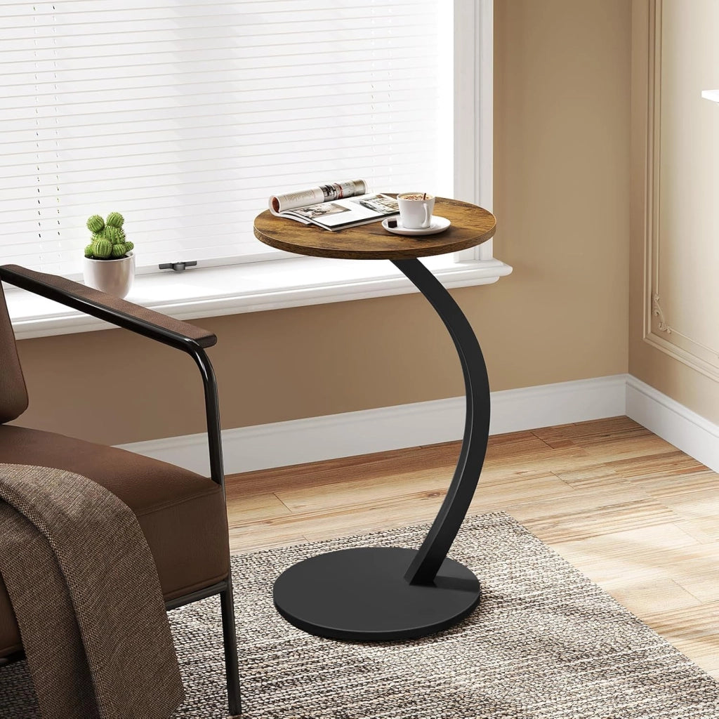 Tavolino Rotondo a Forma di C, Tavolino per Divano Letto, con Struttura in Metallo Piano in MDF, φ40xH65 cm, Nero, BTS21sz