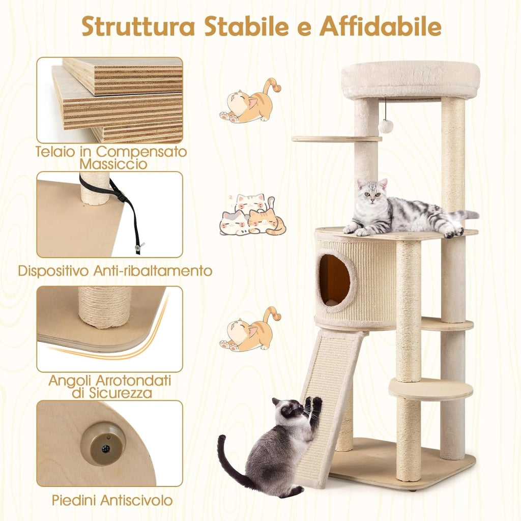 Albero per Gatti, Tiragraffi per Gattini in Legno Alto 143 cm con 2 Posti per Grattare in Sisal, Condominio, Piattaforma, Giocattolo Sospeso e Cuscino Lavabile, Mobile Moderno per Arrampicata