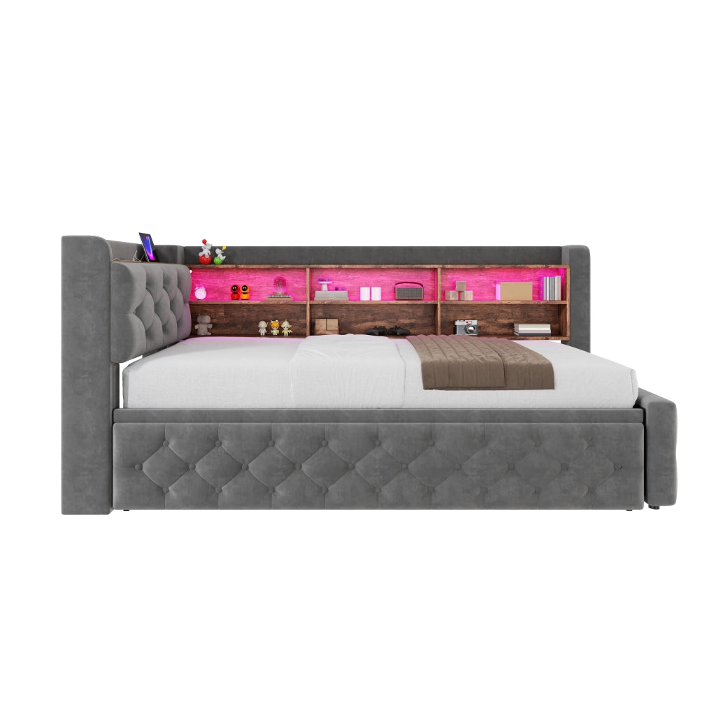 Divano letto estraibile 90x190 cm in velluto grigio scuro con contenitore, testiera in legno, LED, USB e Type-C