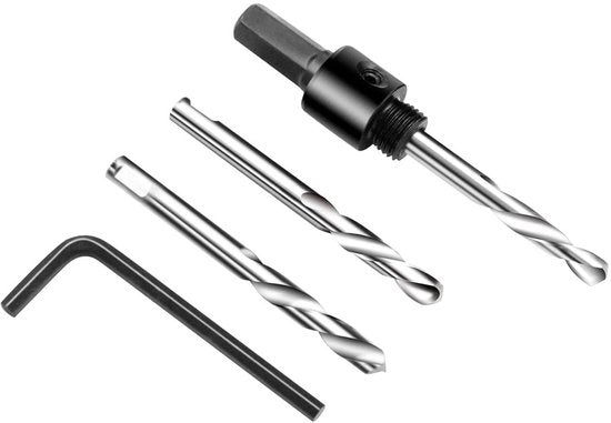 Kit di seghe a gola per attrezzi da forare - 4 pezzi | 1 A4 - canna corta - 2 punte da forare in acciaio 2 4341 - 1 chiave a stella - compatibile con fori da 14 a 200 mm
