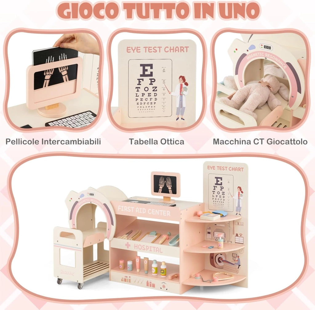 Set Gioco Dottore per Bambini, Medico Giocattolo in Legno con Tabella Oculistica, Macchinario CT e Radiografie, Gioco di Ruolo Medico Educativo con Accessori per Bambini 3+ Anni (Rosa)
