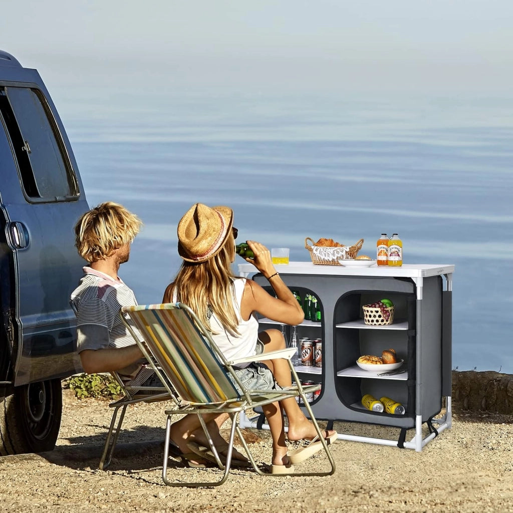 Tavolo Pieghevole da Campeggio in Alluminio a 4 Livelli, Tavolo Picnic Richiudibile con Ante in Rete con Cerniera, Borsa per il Trasporto, Cucina da Esterno, Picnic, Barbecue, Festa