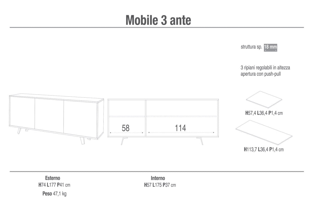 Mobile 3 Ante 177x74x41 cm Ossido Bianco/Marmo Calacatta