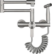 Faucetta da Parete, Sfioratore Acqua Calda e Fredda con Funzione Doppia, Materiale: Inox 304 Pieghevole, Montaggio da Parete con Pistola Spray Multifunzionale (Inox Liscio)