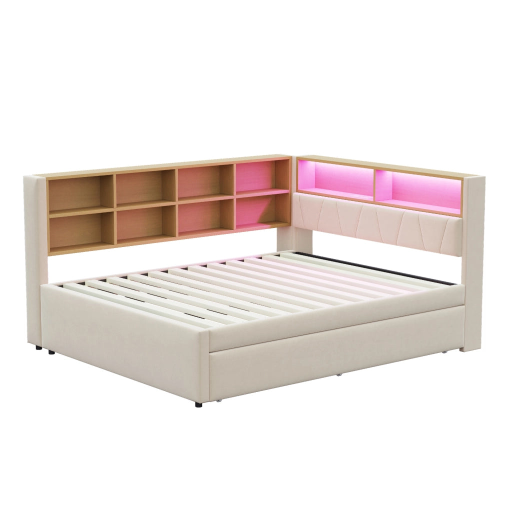 Divano letto multifunzione con letto estraibile, LED, prese integrate e vani portaoggetti