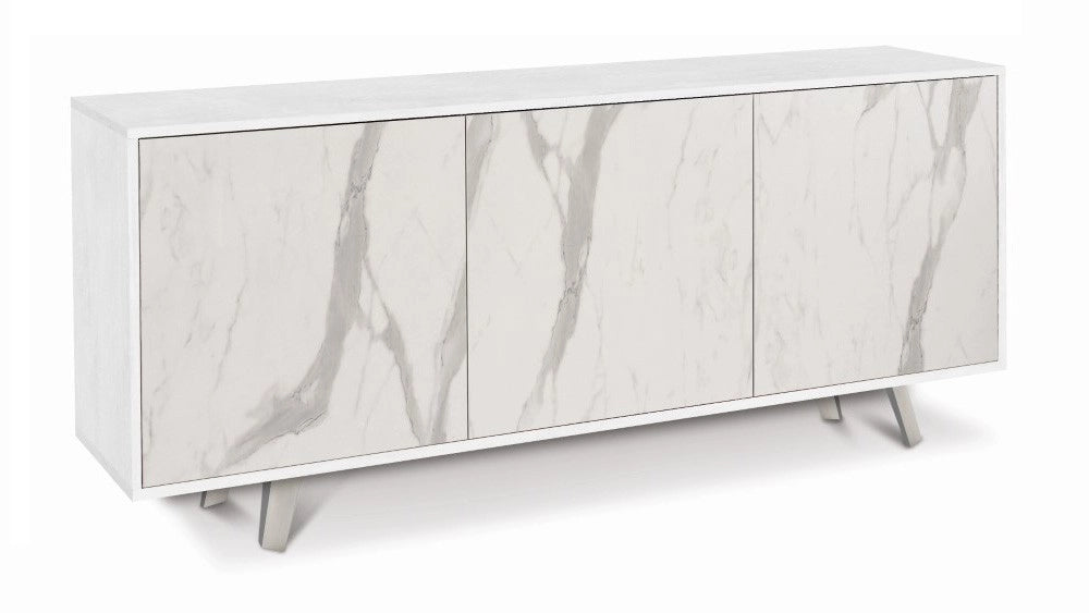 Mobile Madia 3 ante con apertura a spinta H74 L177 P41 struttura Bianco ossido frontali color marmo 7073k Sarmog