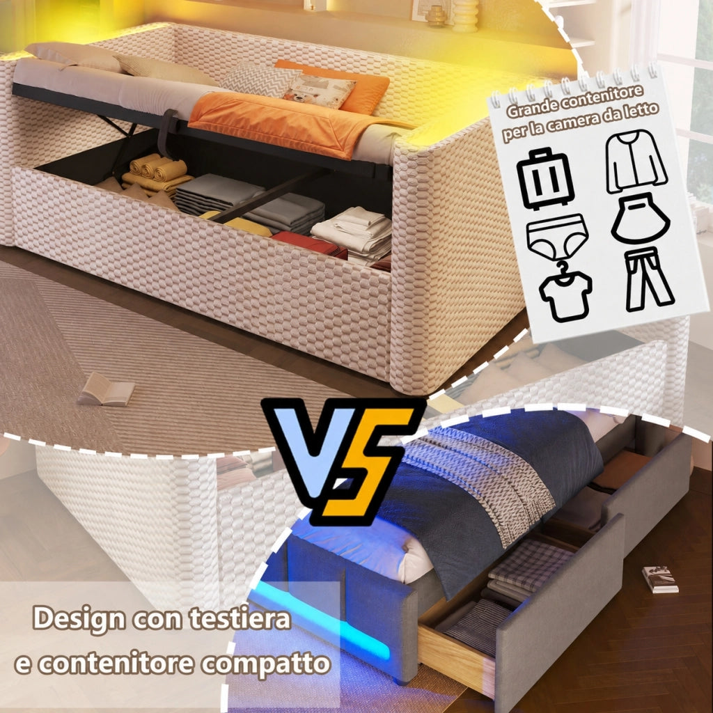 Letto divano singolo 90 x 200 cm con contenitore idraulico e LED multicolore; velluto e MDF; grigio